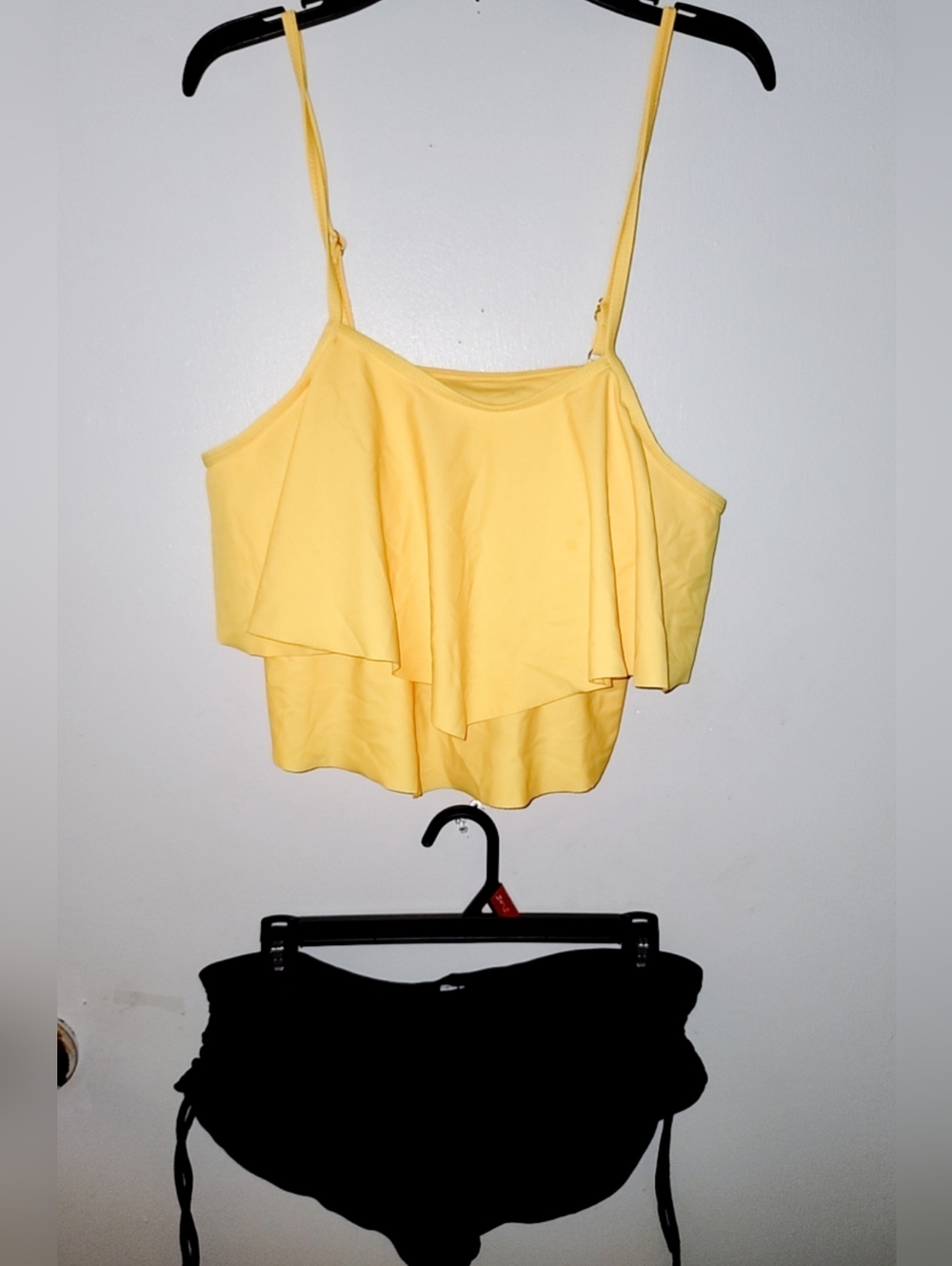 SHEIN Yellow Ruffle Flounce Tankini Top with Black Bikini Bottoms